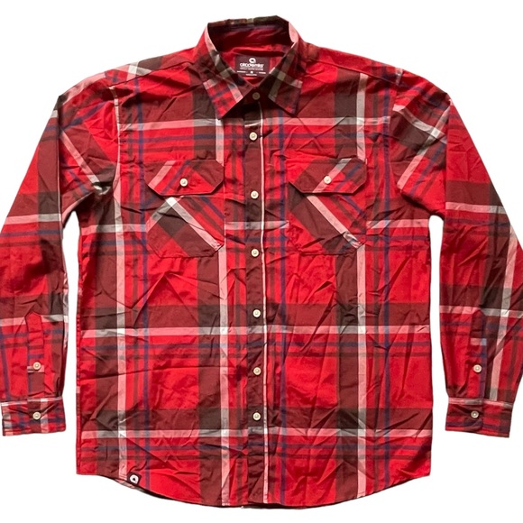 AKADEMIKS Mens Medium Shirt Red Blue Plaid Button Up Long Sleeves Relaxed Fit - Picture 2 of 8
